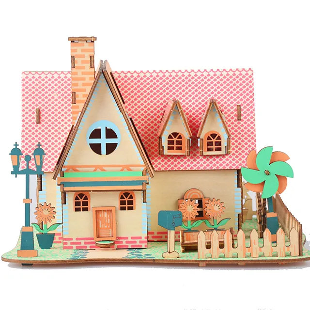Montessori Houten 3d Puzzel Huis Model Chidren Diy Bouw Tuin Villa Jigsaw Assemblage Gebouw Speelgoed