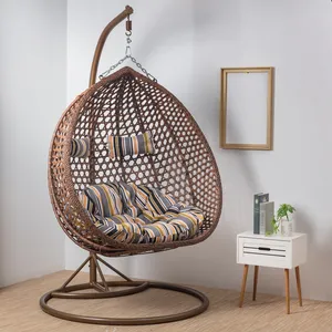 2019 New Arrival 2 persons Garden wicker Hanging Chair White Round Swing Rattan Red Cushions Rattan Wicker Outdoor Furniture