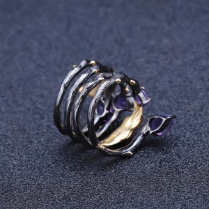 Anel feminino de prata esterlina 925 c4524, anel banhado a ouro com pedra preciosa de ametista natural - Product Image 4