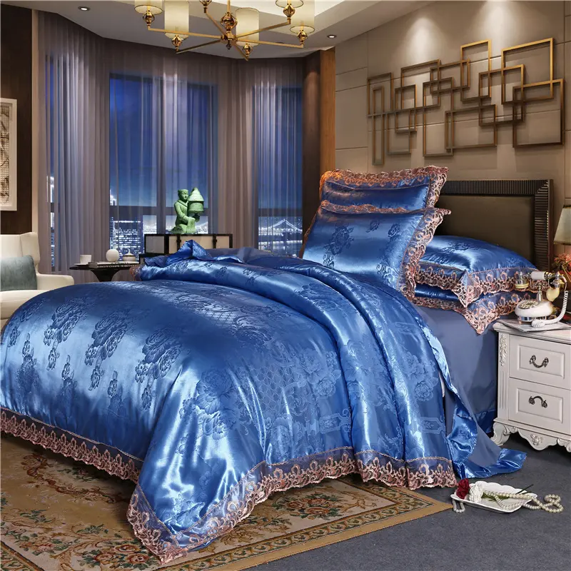 Set Tempat Tidur Mewah Gaya Istana Eropa, Cahaya Butik Elegan Elegan dan Halus dengan Renda dan Desain Jacquard Satin