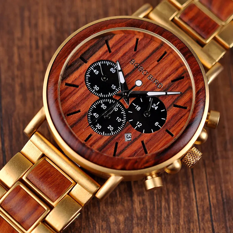2018 الفولاذ المقاوم للصدأ الساعات الخشبية الذهب الفاخرة الرجال ساعة اليد بوبو بيرد ساعة مع العلامات الخاصة