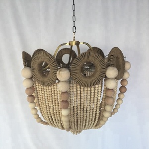 Grande suspension ronde industrielle vintage en corde de chanvre, style loft rétro, avec perles en bois, pour projets hôteliers - Product Image 2