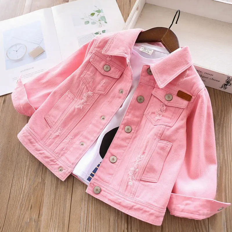 Meninas denim casaco jaqueta rosa plain jean rasgado boutiques de roupas infantis por atacado crianças casaco outerwear crianças roupas