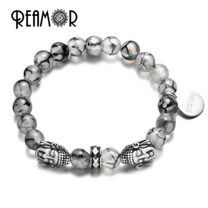 REAMOR Buda pulsera de perlas naturales crujido negro PIEDRA DE ónix cuentas pulseras religiosas de la joyería de los hombres