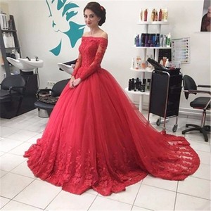 NE117 Boat-Neck Tulle Appliques Off the Shoulder Long Sleeve <strong>Wedding</strong> <strong>Dress</strong> <strong>Red</strong> Vestido De Casamento Princesa Lace up - Product Image 1