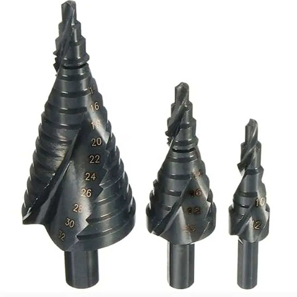 HSS 3PC 4241 4-12-20-32 Spiral Groove Triangular handle Nitriding Step Drill Bit set for Metal Drilling