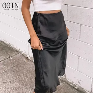 OOTN-Falda Midi de satén para mujer, falda de fiesta, satinada, de cintura alta, color negro, para verano y otoño, 2019