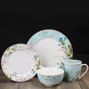 Floral Tableware Dinner Sets Cheap Porcelain 16pc New Bone China Dinnerware Sets Flower Safe Ceramic Western 4 Desert Plate Set