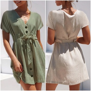 Simplee Dell'annata Delle Donne Breve Estate <span class=keywords><strong>Camicia</strong></span> <span class=keywords><strong>di</strong></span> Vestito <span class=keywords><strong>Con</strong></span> Scollo A V Manica Corta In Cotone <span class=keywords><strong>di</strong></span> <span class=keywords><strong>Lino</strong></span> Abiti Pulsante - Product Image 2