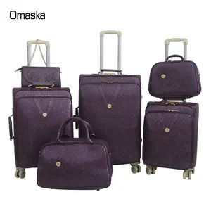 New Model Factory Wholesale OMASKA OEM PU Bling Women 4 Wheels Rolling Suitcase Leather Luggage