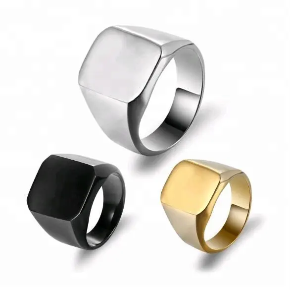 China Manufacturers selling titanium steel smooth big flat ring fashion gold stainless steel male square ring blanks jewelry