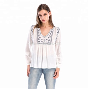 Blusas y Tops de <span class=keywords><strong>Verano</strong></span> para Mujer, Diseño de Oficina, Algodón Blanco, Manga Abullonada Bordada - Product Image 1