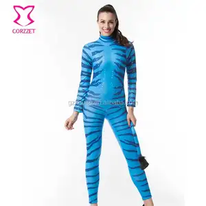 Zebra azul de manga comprida, mulheres roupas sexy halloween traje