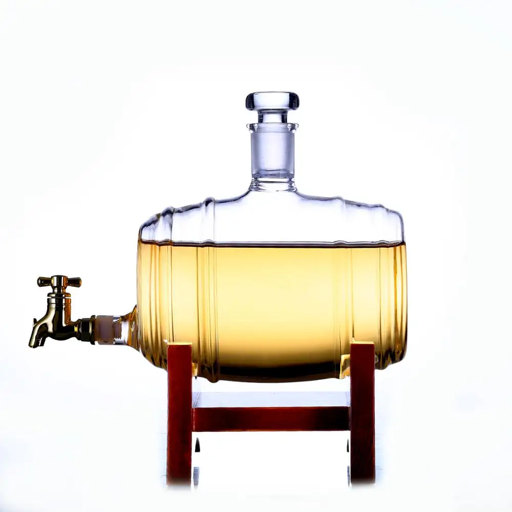 AIHPO05 Unieke Fancy 1000Ml Bourbon Vat Vormige Glazen Whiskey Wijn Liqior Dispenser Decater Met Houten Basefor Alcohol