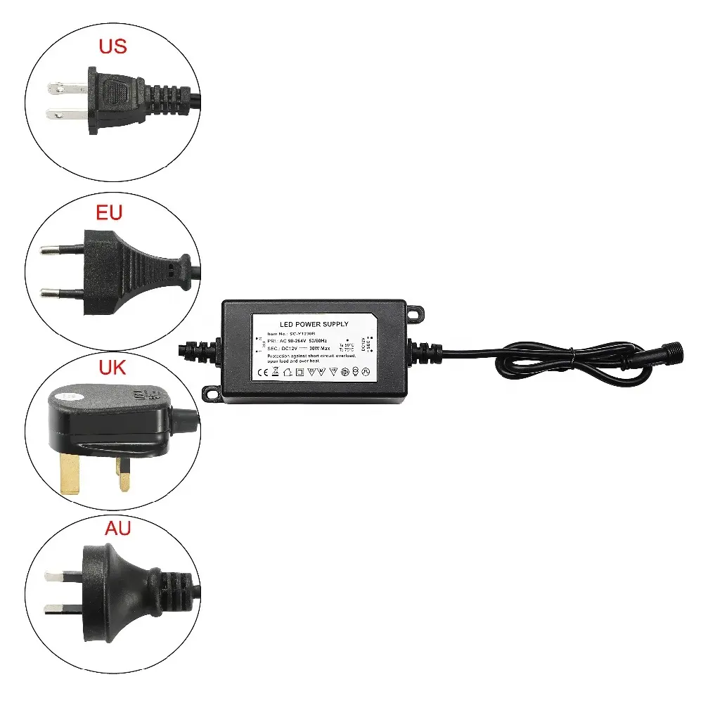 IP67 는 LED 빛 옥외 실내 EU, 미국, 영국, AU 마개를 위한 DC12V 30W 변압기 전력 공급 운전사를 방수 처리합니다