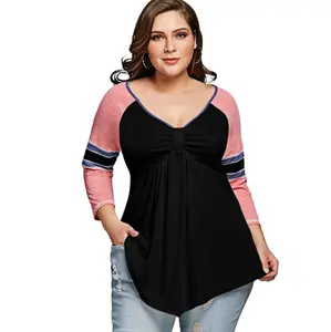 Women Plus Size Casual Cotton Raglan Sleeve Long-sleeve Empire Waist V Neck Tunic T-Shirt Blouse Tops