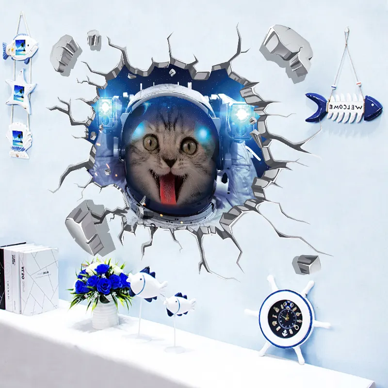 YIYAO 3D अंतरिक्ष एयरोस्पेस बिल्ली दीवार स्टिकर अध्ययन के लिए छात्रावास पृष्ठभूमि