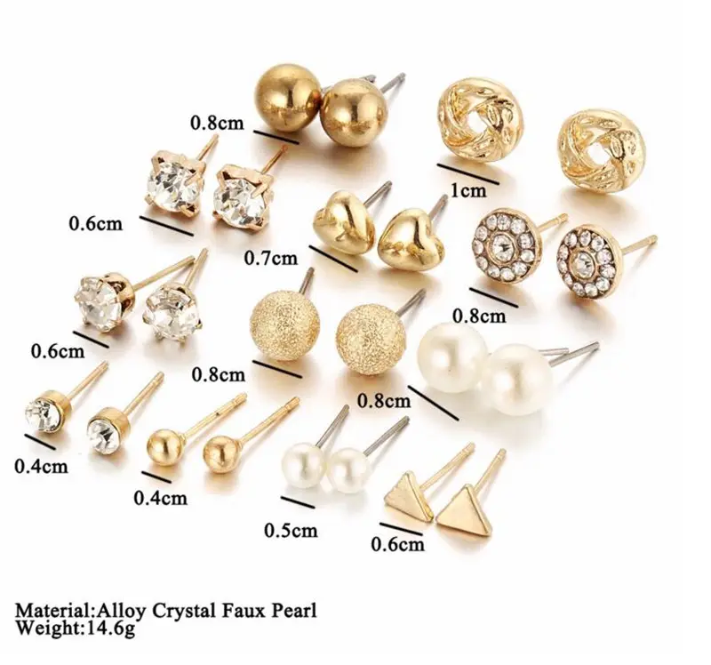 Mode 12 paar/satz Trendy Stil Frauen Quadratische Kristall Herz Stud Ohrringe für Frauen Piercing Simulierte Perle Blume Ohrring
