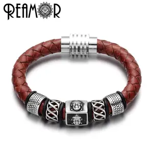 REAMOR Gelang Kulit Asli Kepala Buddha Pria, Perhiasan Gelang Stainless Steel Manik-manik untuk 2019