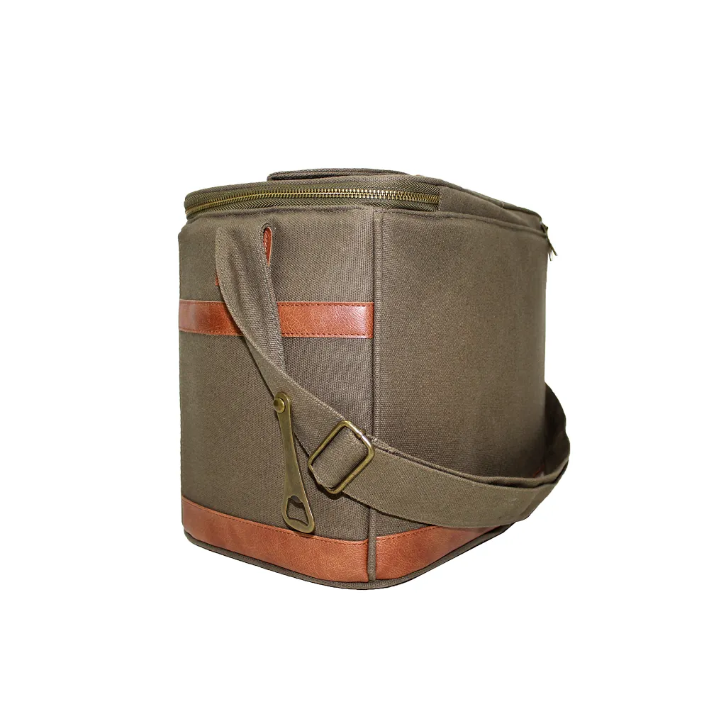 New Arrival Army Green Dry Waxed Canvas Beer Bottle Insulated Portable Cooler Bag with Bottle Opener