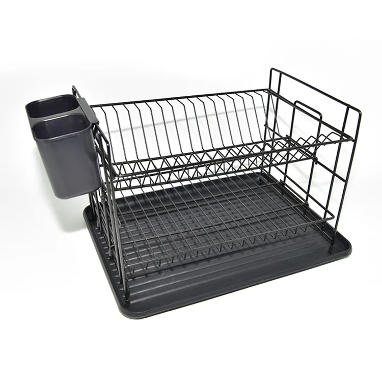 2 Tier kitchen black dish plate drying bowl holder rack with water