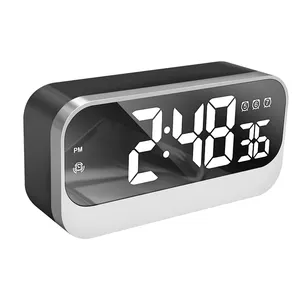 Jam Alarm meja Digital Led 6.8 inci, Jam Alarm meja kecerahan level cermin dengan 3 Alarm