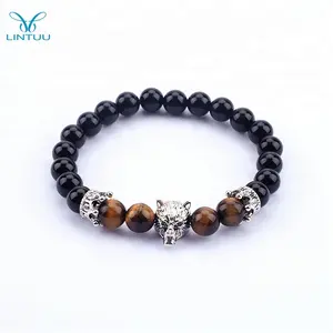 Fashion beaded onyx tiger eye stone match crown wolf mens bracelet jewelry