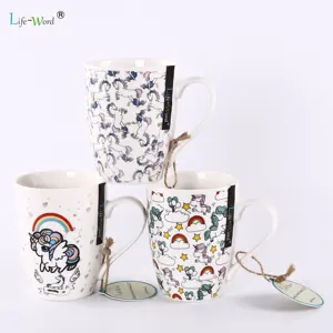 Großhandel 350ml Fanny Cartoon Druck Keramik Tasse Porzellan Steinzeug Kaffee Tee Tassen niedlichen Einhorn Aufkleber New Bone China