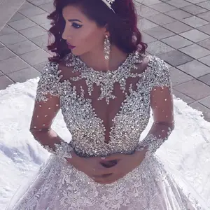 NE061 2022 Gorgeous Cathedral Train Lace Shiny Crystal Beading Vestido De Noiva Vintage Long Sleeve Muslim Wedding Gowns