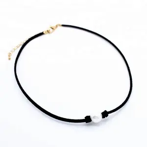 Latest fashion handmade necklace for women black leather 8mm fresh water pearl choker
