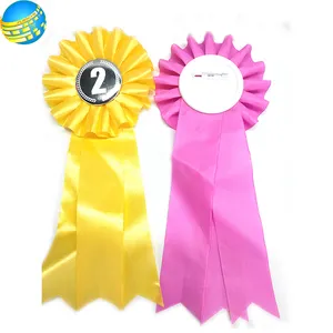 Top Quality Custom Manufacturer Printed in number text for sport meeting Round Blank Satin Ribbon Award Rosette Badge
