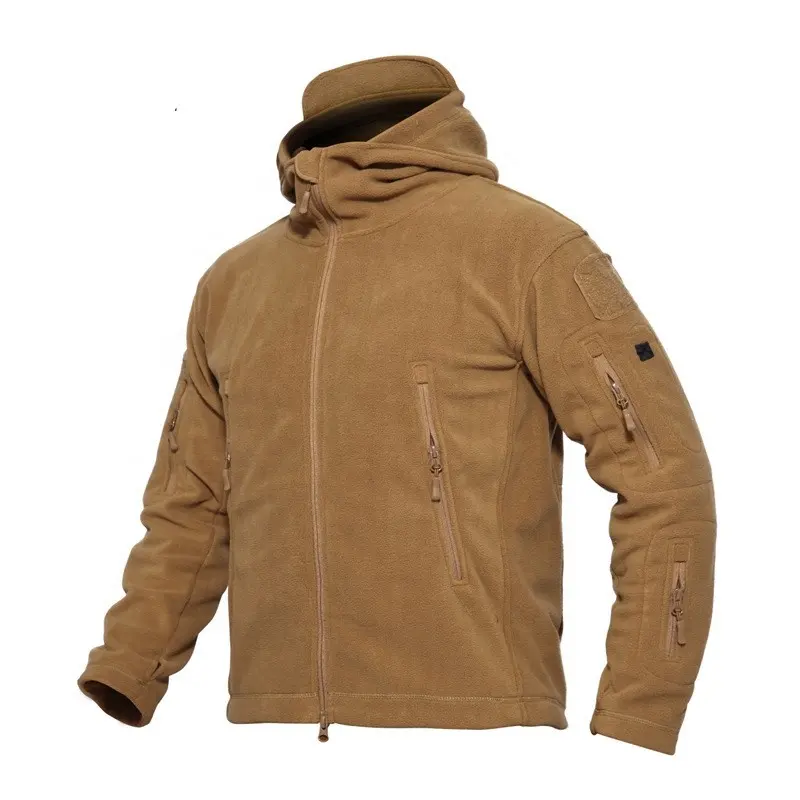 Stock giacca con cappuccio da esterno in pile polare da uomo cappotto da combattimento tattico all'aperto giacca con cappuccio Logo ricamo personalizzato