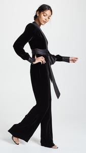 Tuta da donna con scollo a V a manica lunga <span class=keywords><strong>in</strong></span> <span class=keywords><strong>velluto</strong></span> nero con fasciatura <span class=keywords><strong>in</strong></span> raso tuta elegante da donna - Product Image 4
