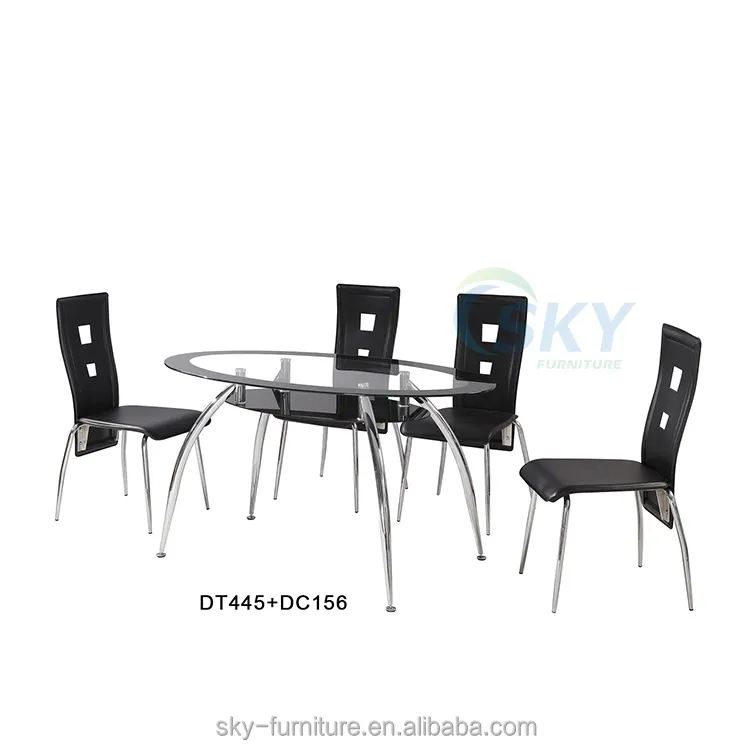 빈 타원형 유리 테이블 금속 크롬 다리 식탁 pu 가죽 식당 의자 블랙 식탁 세트