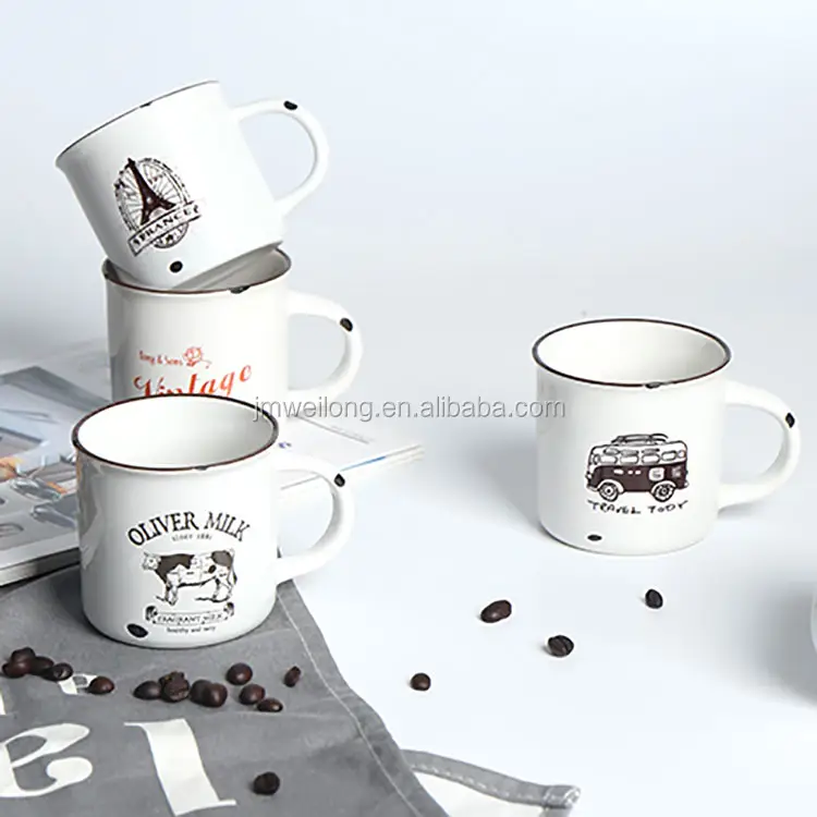 Werbe weiße Emaille Kaffeetasse Tee Metall Zinn Tasse für Reisen oder Camping