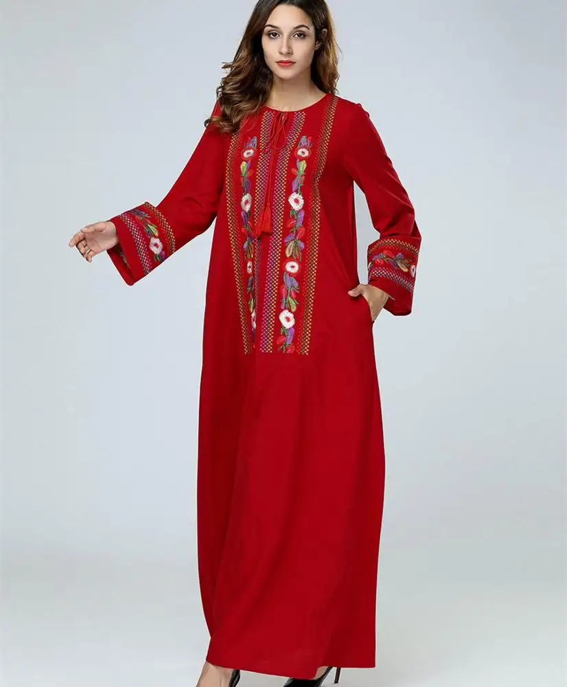 A4246 Phụ Nữ Hoa Loose Thổ Nhĩ Kỳ Dân Tộc Thêu Dress Robe Hồi Giáo Ả Rập Đỏ Abaya Kaftan