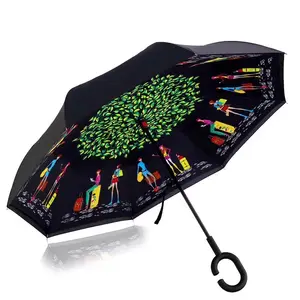 C-Griff Sonnenschirm Regen faltbar Wind dicht inverse Inverted Reverse Umbrella Double Layers Neu mit Logo-Prints