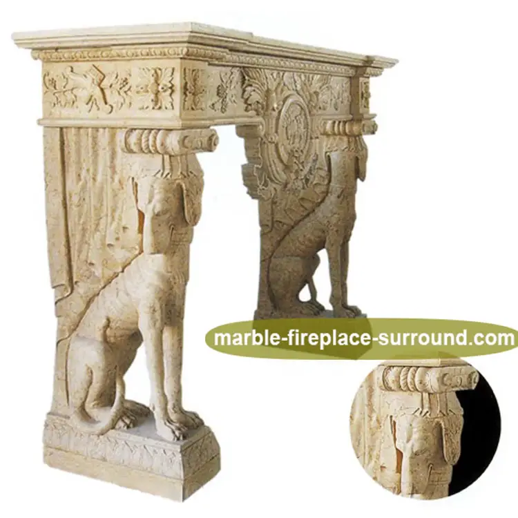 Freestanding hand carved dog limestone stone fireplace mantel indoor