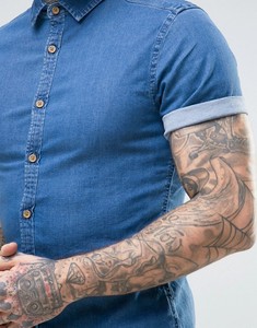 Nuova <span class=keywords><strong>Camicia</strong></span> in Denim Morbido KY per Uomo, Colletto Aperto, Abbottonatura Frontale, Manica Corta, Lavaggio Blu Medio, Vestibilità Aderente Elasticizzata - Product Image 5