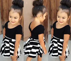 Fashion new hot selling girl black short sleeve striped skirt two pieces sets kids 2019 summer clothes