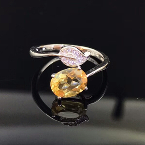 Anel de noivado 925, joia de prata ajustável amarela citrina natural de cristal