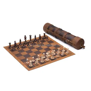 high-end handmade leather tournament international chess and chekers set