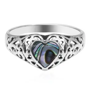 PES-joyería fina Anillo con incrustaciones de piedra auténtica para mujer, con forma de corazón, concha de Paua