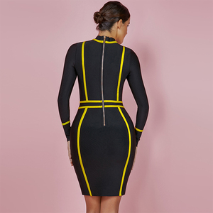 Rayon OEM özel yeni stil sarı simetrik anahat detay siyah balıkçı yaka uzun kollu Bodycon parti elbise kadınlar - Product Image 6