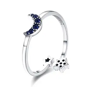 Anel de prata, novo s925 anel de prata aberto feminino coreano brilhante estrela e lua scr437