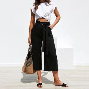 Pantalones de vendaje de lino para mujer, pantalones de pierna ancha, elegantes, de verano, superventas, 2023