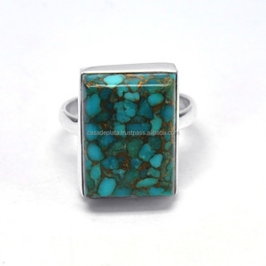 Rectángulo Cab Azul Cobre Turquesa Anillo de piedras preciosas Anillo de Plata de Ley 925 Ajuste de bisel Anillo de moda clásico para unisex. - Product Image 1
