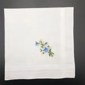 Women's soft cotton plain white with flower design embroidery Handkerchief