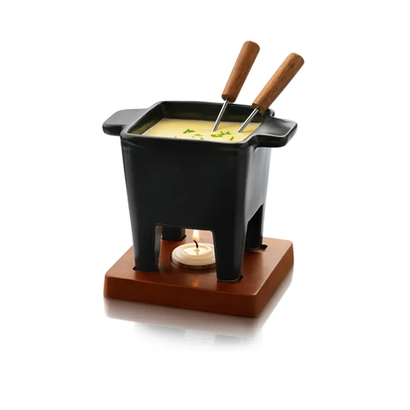 Four Feet Square Ceramic Chocolate Cheese Fondue Pot with Wooden Stand