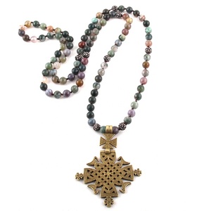 Di modo Della Boemia Tribale Dei Monili Pietre Naturali Lungo Annodato Croce di Metallo Del Pendente Donne Collana Etnica - Product Image 1